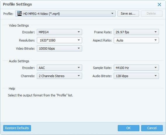 AnyMP4 Video Converter Converter software Profile Settings screen